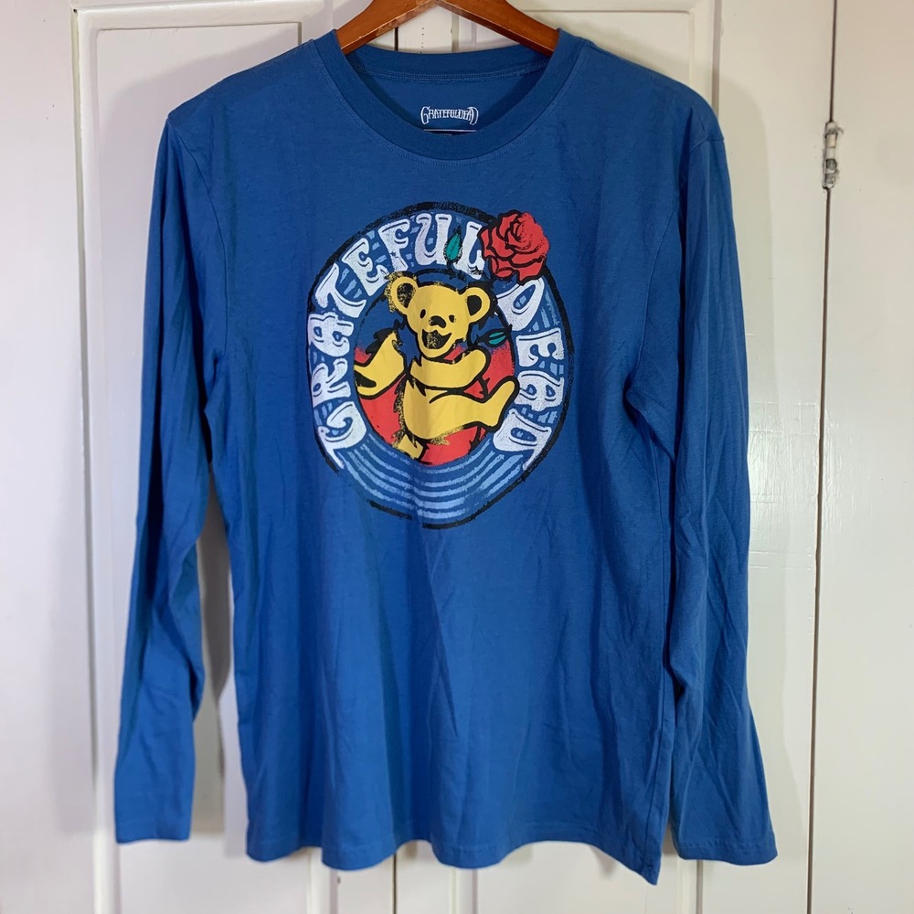 Grateful Dead Mens Blue Long Sleeve Dancing Bear Rose Graphic T-Shirt Size M